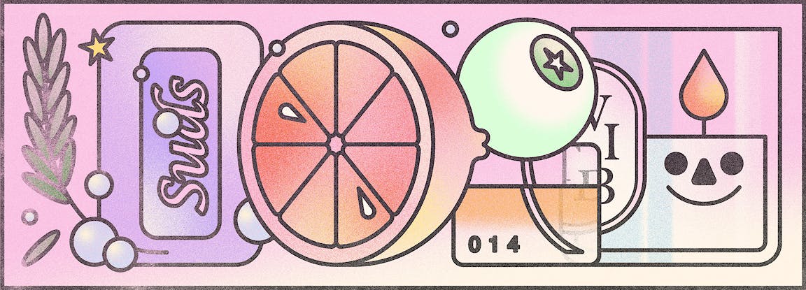 An illustration of soap, citrus, and a candle.